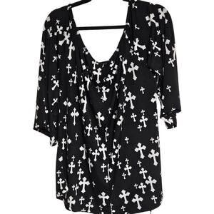 2B Together Large Black Bouse With White Crosses, Oversized Neckline, 1/2 Sleeve